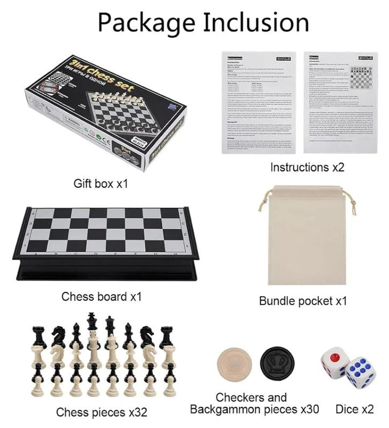 10" Magnetic Chess Sets - 3 in 1 Travel Chess Checkers Backgammon Set with Folding Case - Portable Elastic Bag