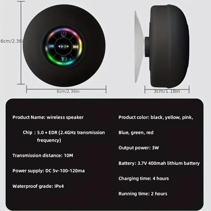 Bluetooth Shower Speakers, Portable Wireless Speaker with Suction Cup, IP67 Waterproof Speaker with LED Light, Pairs Easily to Phones, Tablets, Computer, Gift for Men & Women