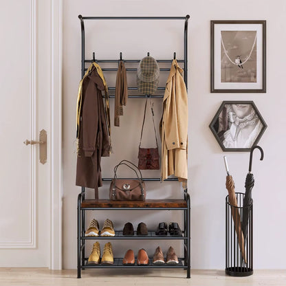 Wardrobe Hanger with Shoe Cabinet, 4 in 1,Metal Clothes Hanger with 3 Shelves and 8 Double Hooks, Stable for Hallway,Living Room