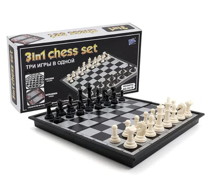 10" Magnetic Chess Sets - 3 in 1 Travel Chess Checkers Backgammon Set with Folding Case - Portable Elastic Bag