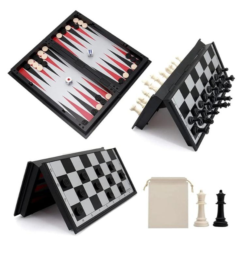 10" Magnetic Chess Sets - 3 in 1 Travel Chess Checkers Backgammon Set with Folding Case - Portable Elastic Bag