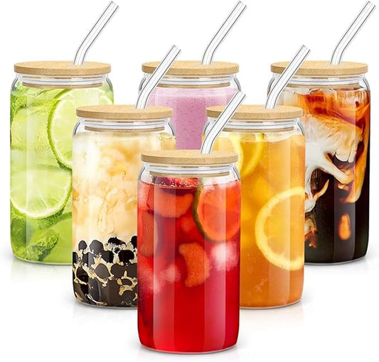 Juego de 6 Vasos de Vidrio con Tapa de Bambú y Popote
