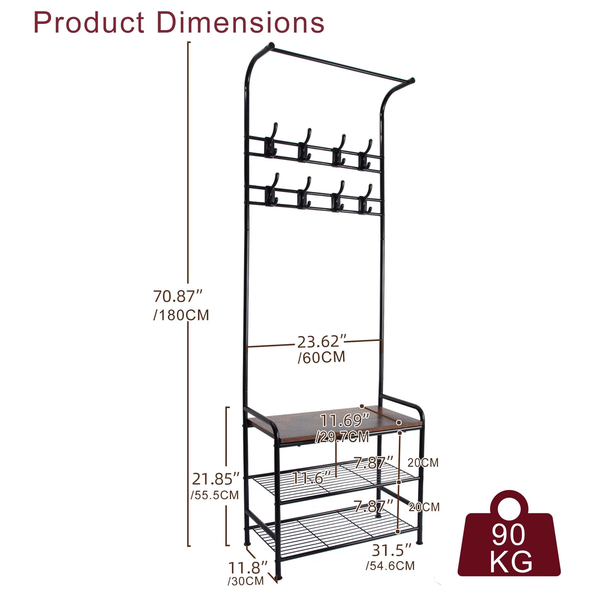 Wardrobe Hanger with Shoe Cabinet, 4 in 1,Metal Clothes Hanger with 3 Shelves and 8 Double Hooks, Stable for Hallway,Living Room