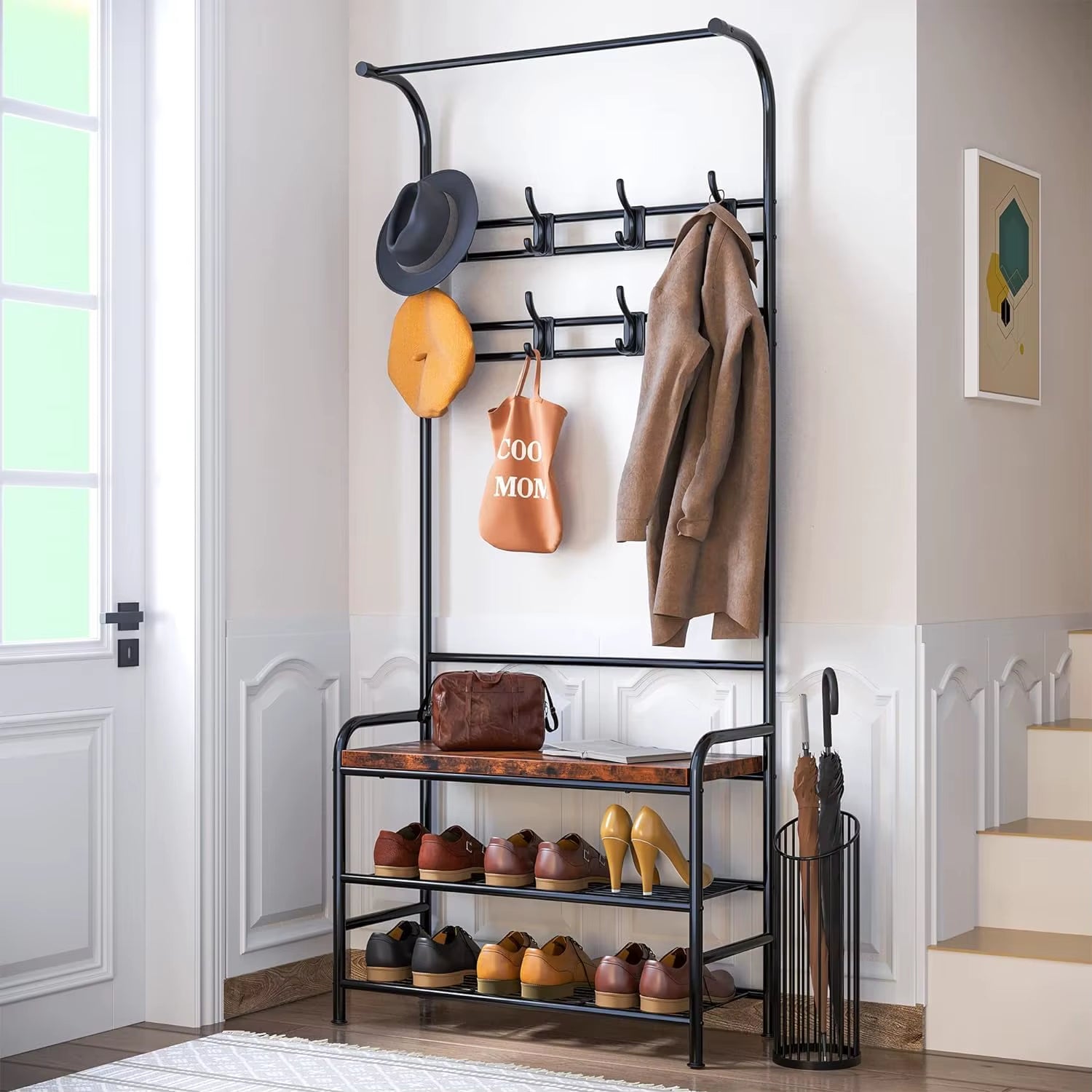 Wardrobe Hanger with Shoe Cabinet, 4 in 1,Metal Clothes Hanger with 3 Shelves and 8 Double Hooks, Stable for Hallway,Living Room