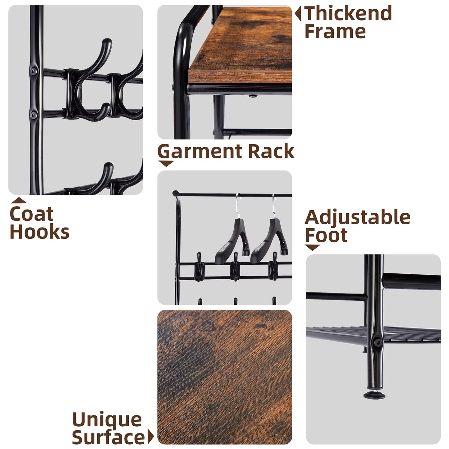 Wardrobe Hanger with Shoe Cabinet, 4 in 1,Metal Clothes Hanger with 3 Shelves and 8 Double Hooks, Stable for Hallway,Living Room