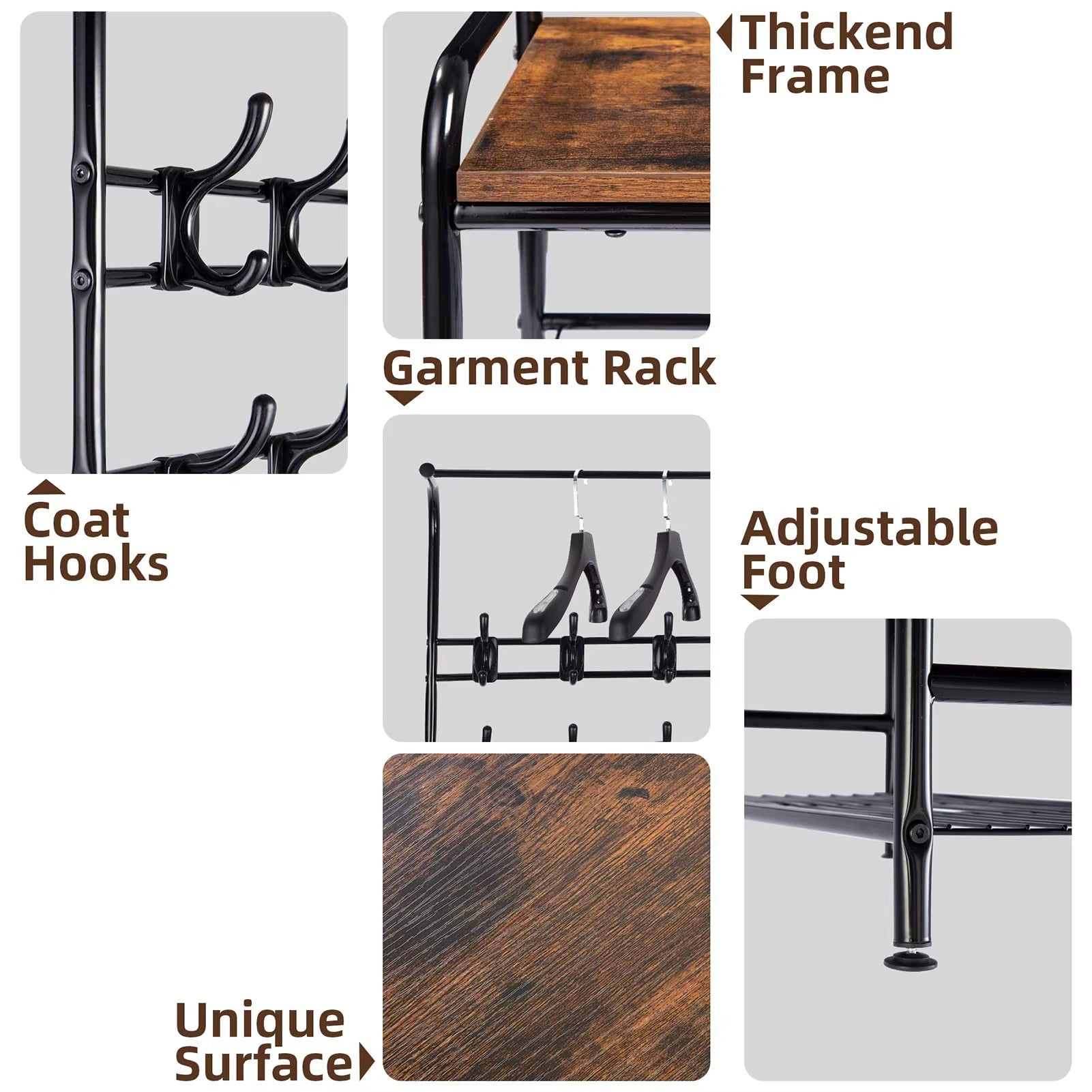 Wardrobe Hanger with Shoe Cabinet, 4 in 1,Metal Clothes Hanger with 3 Shelves and 8 Double Hooks, Stable for Hallway,Living Room