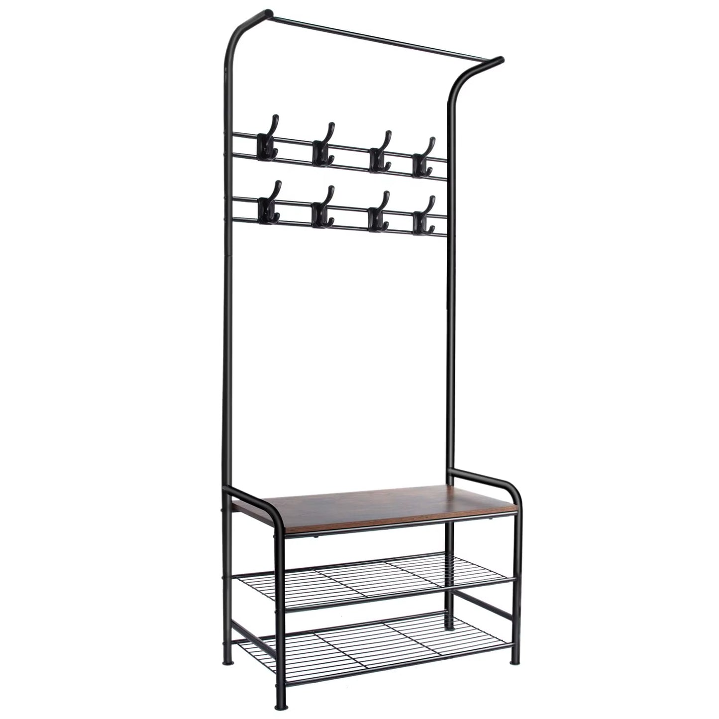 Wardrobe Hanger with Shoe Cabinet, 4 in 1,Metal Clothes Hanger with 3 Shelves and 8 Double Hooks, Stable for Hallway,Living Room