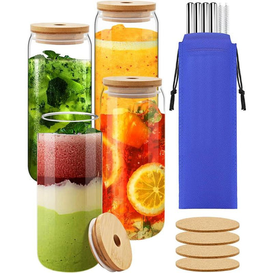 4 Pcs Drinking Glasses Cups with Lids and Straws-16/20Oz Iced Coffee Can Shaped Cup with Bamboo Lid and Glass Straw, Cute Glass Tumble Ideal for Cocktail, Smoothie,Beer, Gift, Coffe Bar Accessories