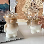 Cartoon Bear Shaped Coffee Mug Cute Bear Mug Glass Cup with Straw Glasses Cup Birthday Christmas Gifts for Women Kids Friends