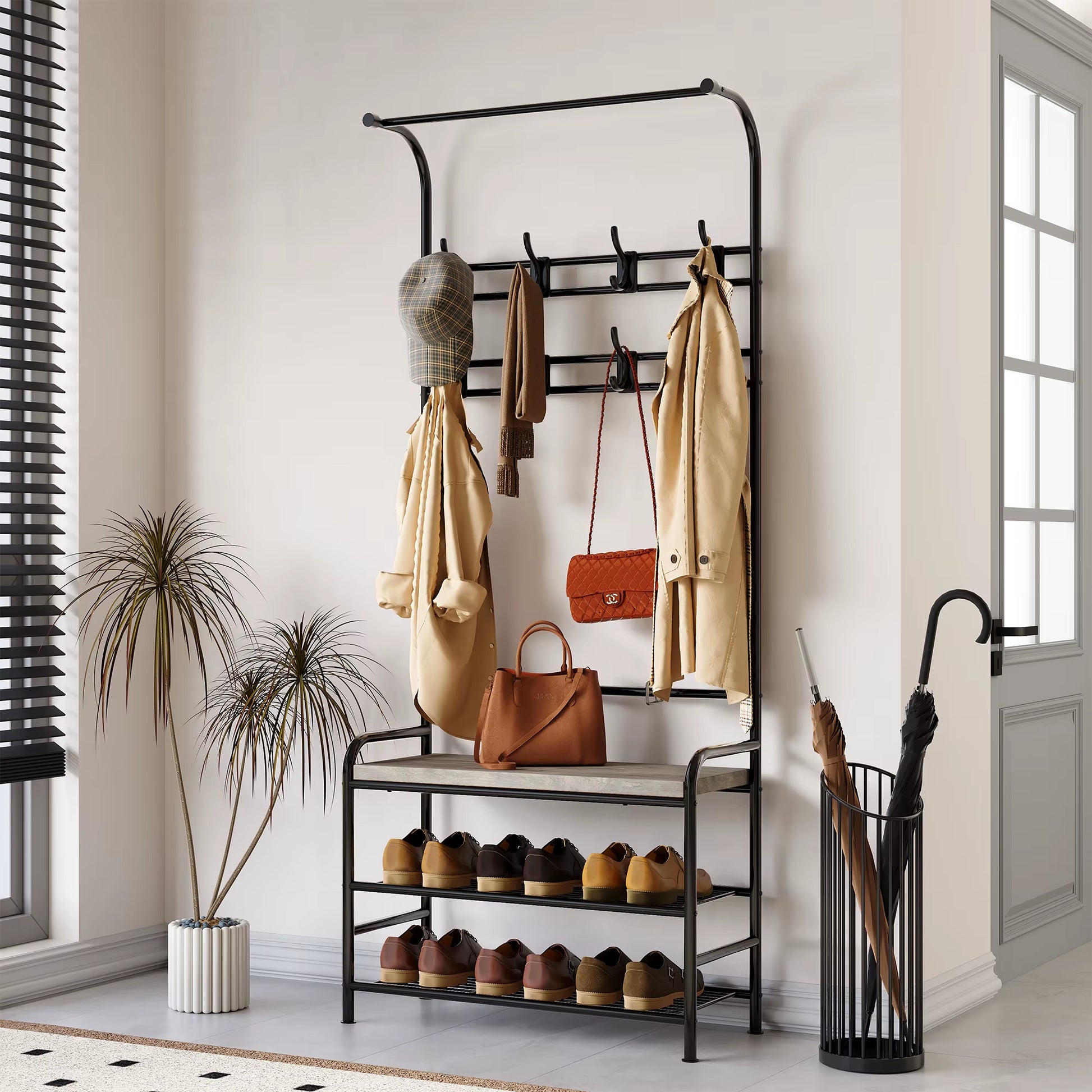Wardrobe Hanger with Shoe Cabinet, 4 in 1,Metal Clothes Hanger with 3 Shelves and 8 Double Hooks, Stable for Hallway,Living Room