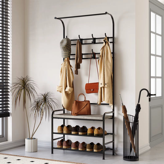 Wardrobe Hanger with Shoe Cabinet, 4 in 1,Metal Clothes Hanger with 3 Shelves and 8 Double Hooks, Stable for Hallway,Living Room